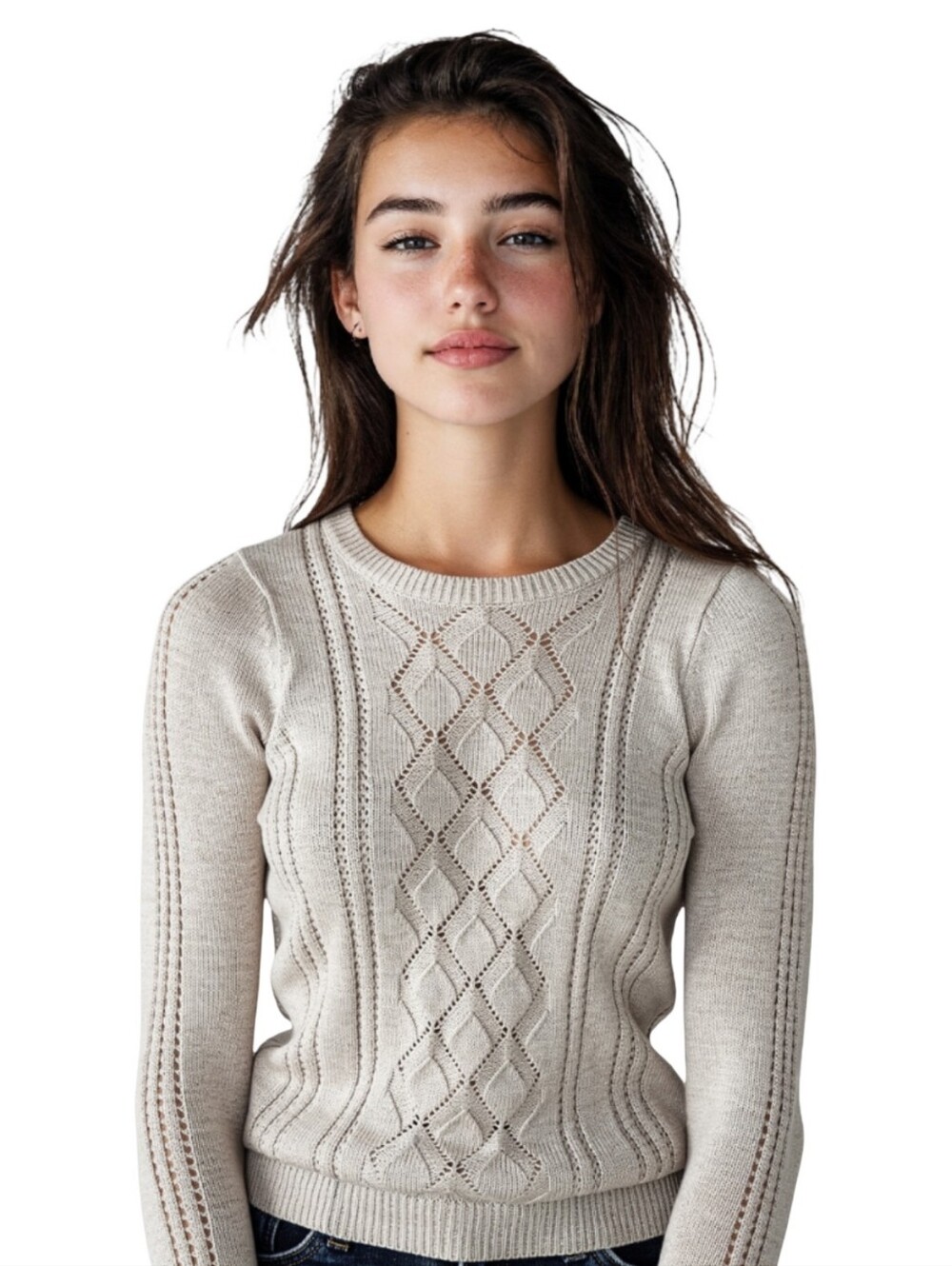 Max Studio Extra Fine Merino Blend Oatmeal Pointelle Knit Sweater Size Medium